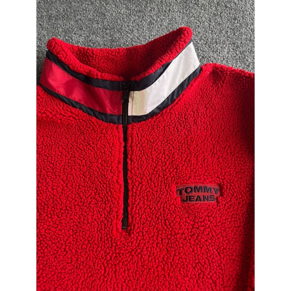 Tommy Jeans Red Sherpa Fleece Pullover Sweater XXL 50% Polyester 50% Acrylic